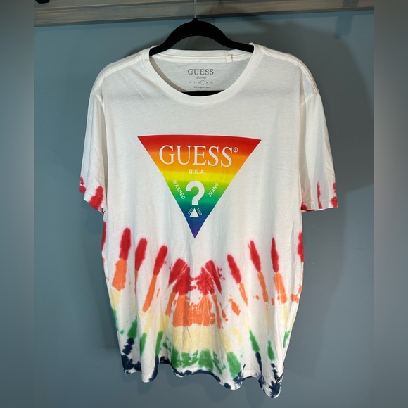 GUESS Originals Pride Rainbow Tie-Dye Short Sleeve T-Shirt in White - Picture 4 of 6
